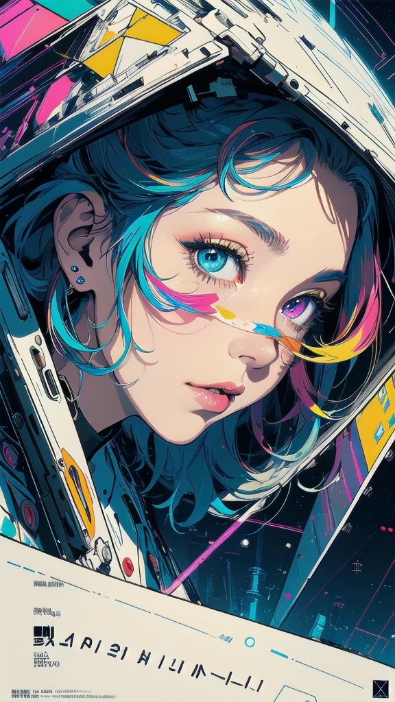 (((masterpiece, highest quality))),(((solo:1.2))),(((1girl:1.2))),32k wallpaper, very detailed, poster, vintage science fiction,(((((geometric cinematic movie poster))))), ((bauhaus)),(shape),(((abstract))),(mid century modern),movie poster,(((((portfolio))))),(((((Close-up))))),(((((bust up))))),((((more various angle)))),(((highlight))),Vast landscape,((((heterochromia)))),(((complete. detailed face))),(((Extremely talented))),(((most complecated machine))),(Colorful color scheme),(reflection neon light)