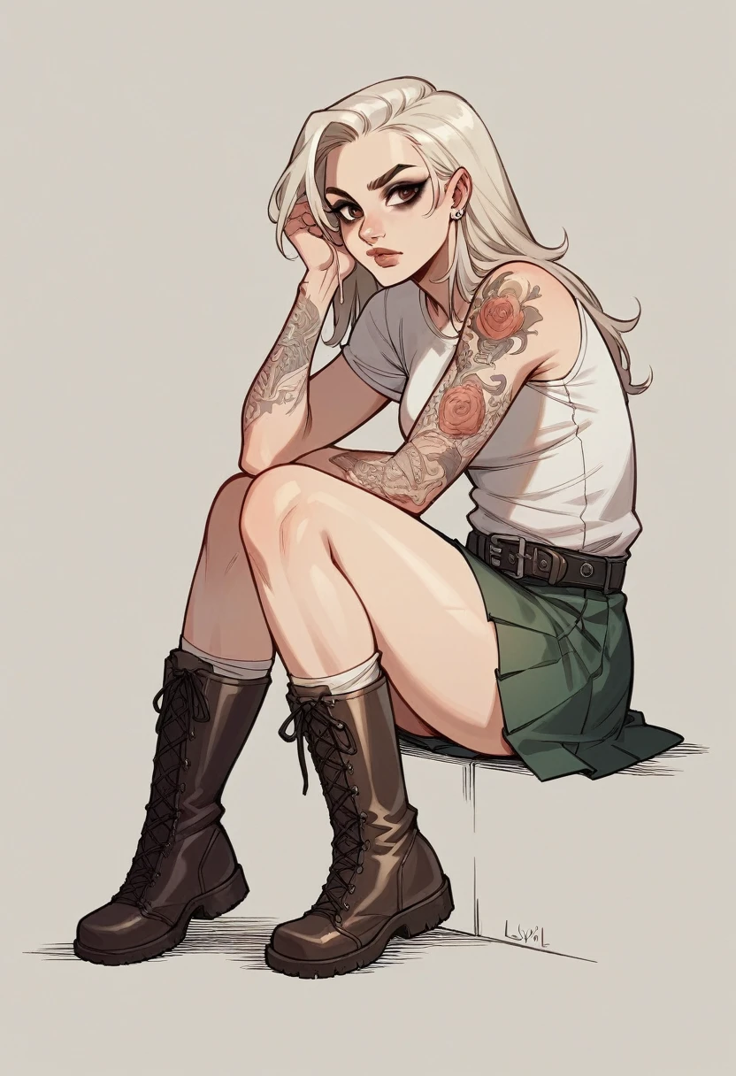 create a female character (alone), stylishly dressed and tattoos, platinum blonde hair and brown eyes, high quality image resolution (8k). without makeup and 1,70 large.
combat boots and skirt