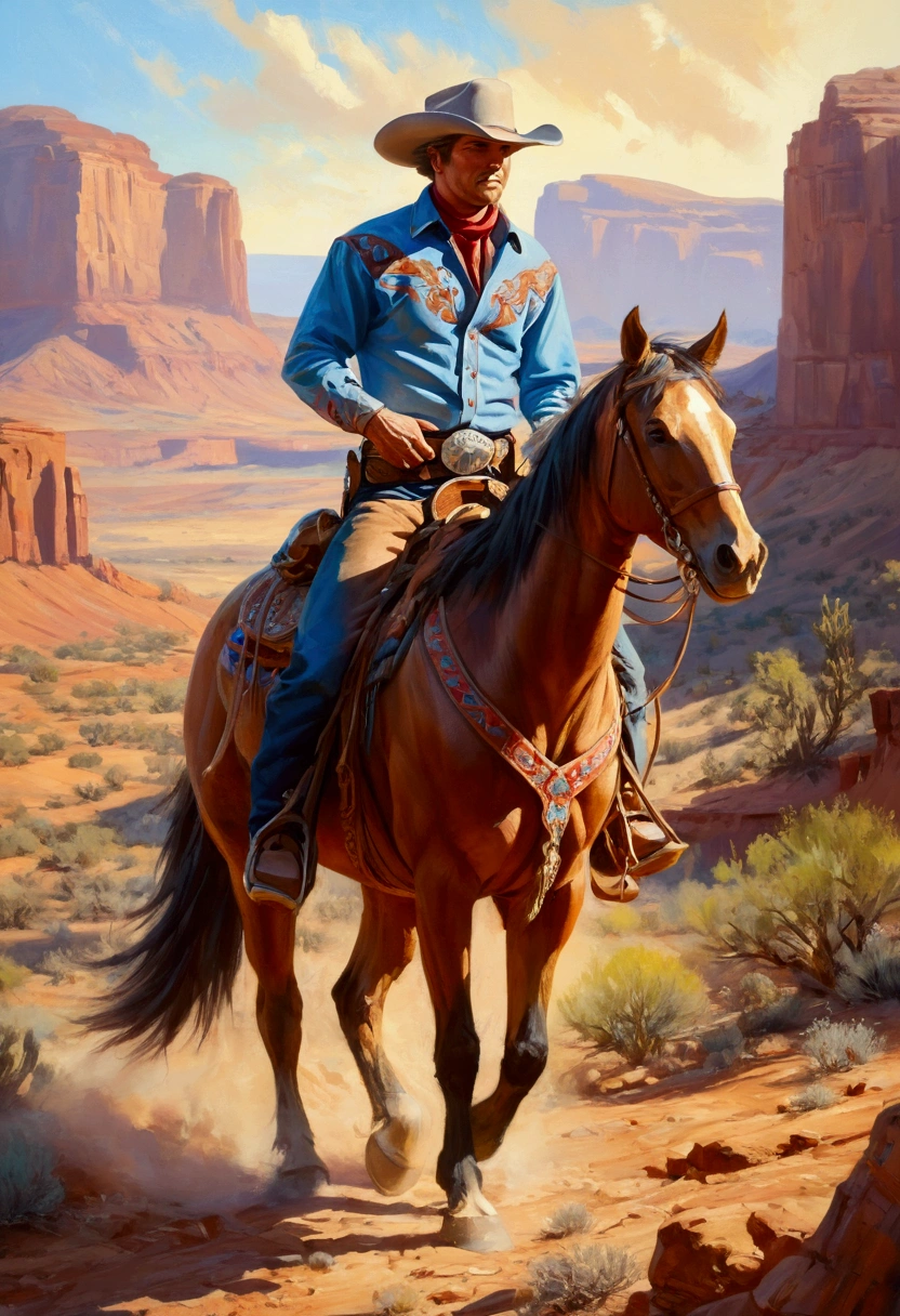 Western Cowboy, full body, by Steve Henderson, cinematic still, (best quality, masterpiece), very aesthetic, perfect composition, intricate details, ultra-detailed, vivid colors