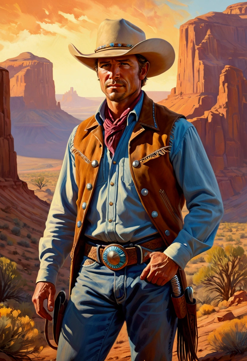 Western Cowboy, full body, by randolph caldecott and Krenz Cushart, cinematic still, (best quality, masterpiece), very aesthetic, perfect composition, intricate details, ultra-detailed, vivid colors