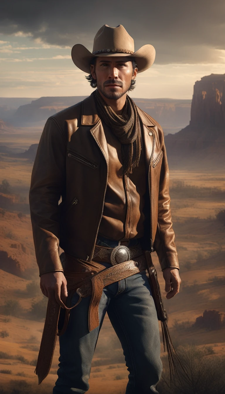 a cowboy in a vintage style, digital art, ((detailed portrait of a cowboy)), cowboy hat, rugged face, serious expression, leather jacket, lasso, wide open landscape, dramatic lighting, warm color tones, muted color palette, (masterpiece:1.2), hyper detailed, cinematic, photorealistic, unreal engine, 8k