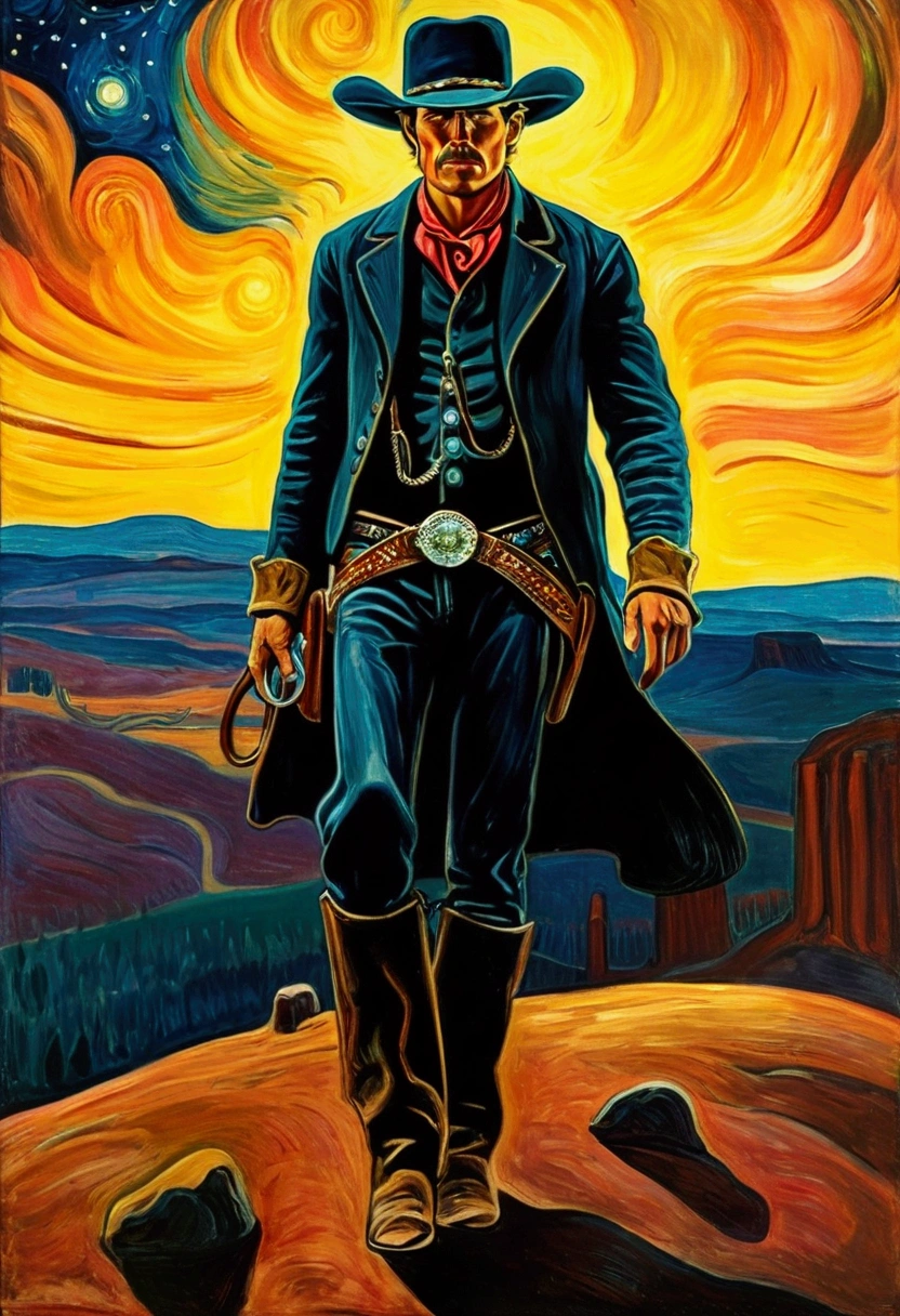 Western Cowboy, full body, night, by Edvard Munch, cinematic still, (best quality, masterpiece), very aesthetic, perfect composition, intricate details, ultra-detailed, vivid colors