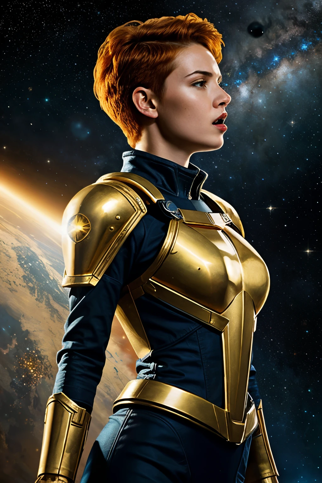 painting; angry young beautiful woman, alien origin, short fiery haircut, wears a futuristic gold military uniform, wears a epic symbol in form of globular cluster on her chest, wears a glass space royal helmet, screams and points fist toward sky against the background of the night starry sky and space battleship takeoff ; side view ; artstation