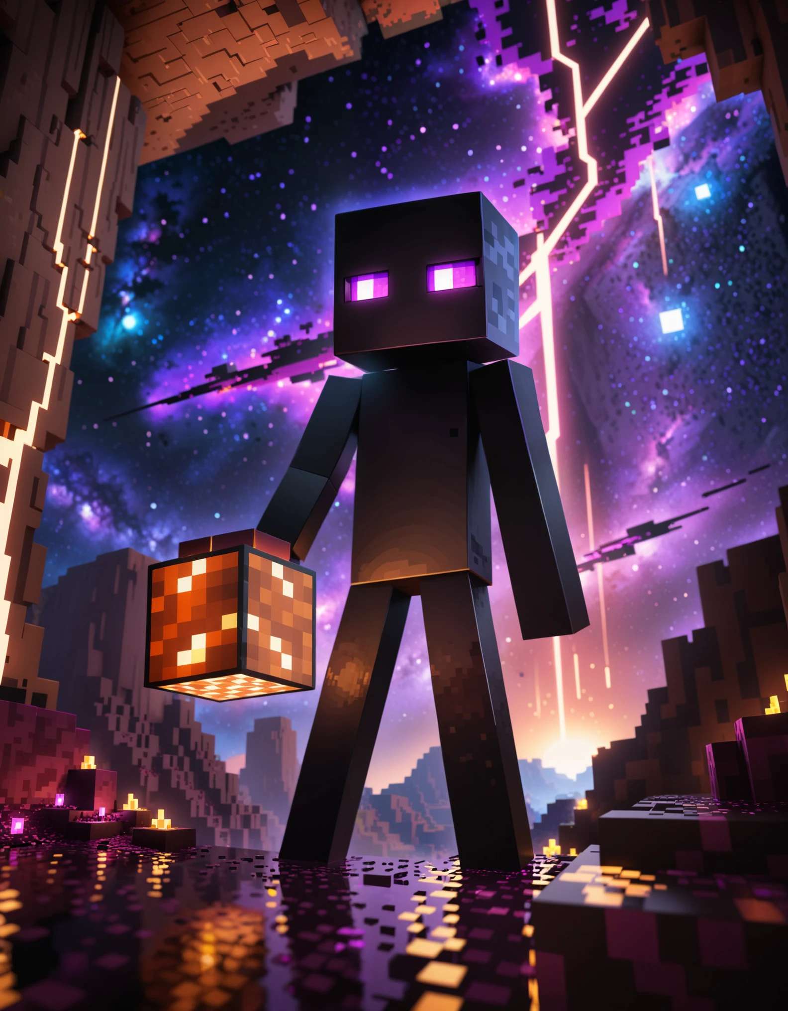 enderman, black body, portrait, holding cube, thin legs, looking at viewer, mouthless BREAK, minecraft, RTX on, unreal engine, detailed background, detailed foreground, depth of field, ambient silhouette, backlighting, the nether \(minecraft\), cliff, rock, space, nebula