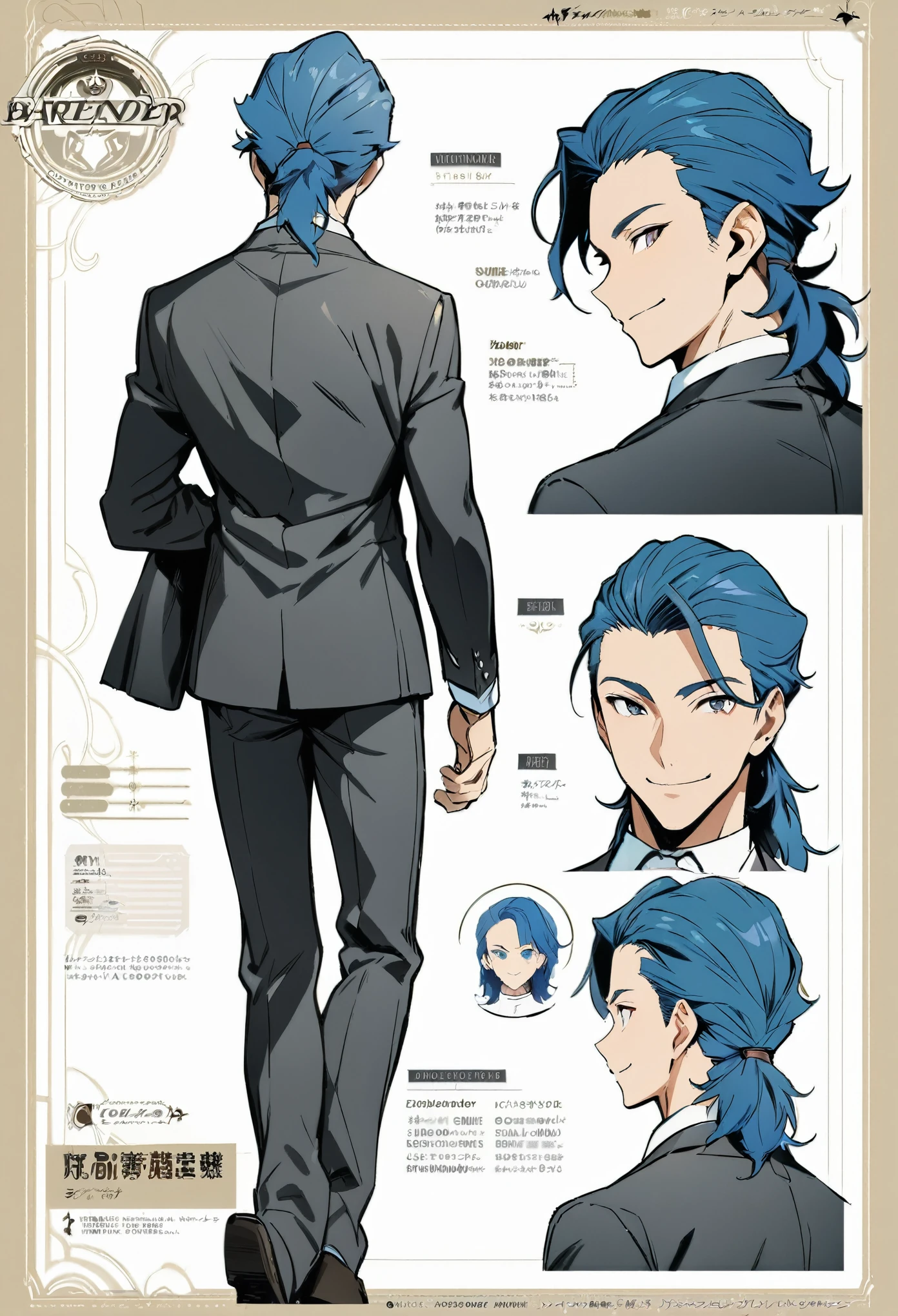 ((masterpiece)),(((best quality))),(character design sheet, same character, front, side, back), illustration, 1 boy, blue hair color, suit, bartender, smile, mullet, (simple background, white background: 1.3),