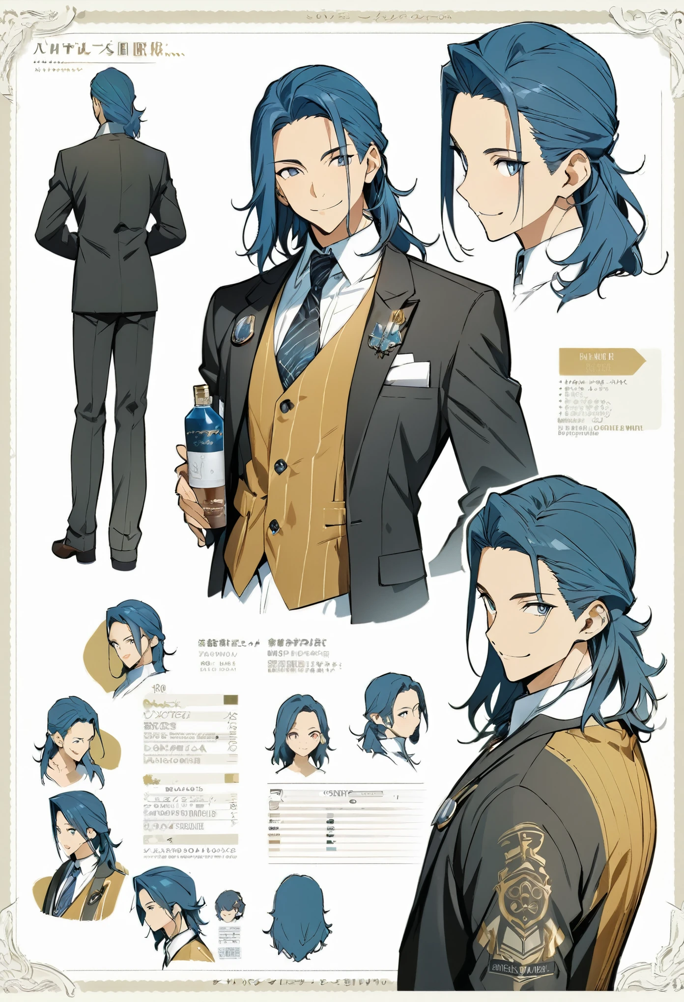 ((masterpiece)),(((best quality))),(character design sheet, same character, front, side, back), illustration, 1 boy, blue hair color, suit, bartender, smile, mullet, (simple background, white background: 1.3),