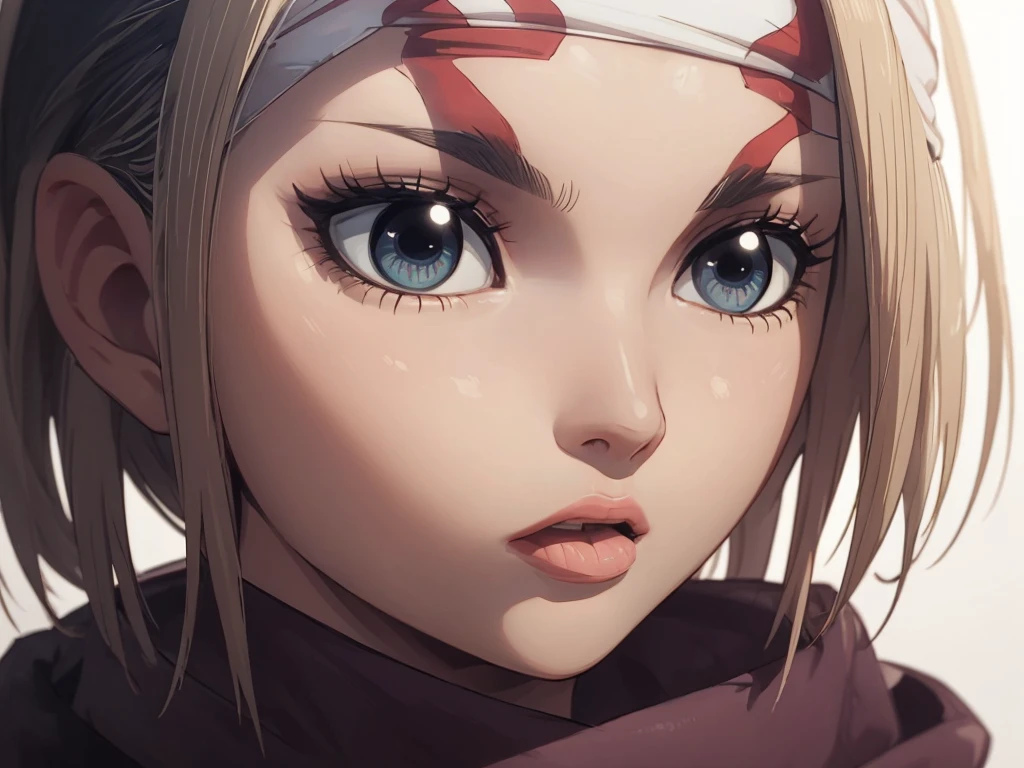 Empty eyes masterpiece), best quality, high resolution blonde 1girl bob cut medium hair standing alone cowl headband profile image looking at viewer beautiful eyes beautiful face extremely detailed violet clothing empty eyes (tongue out)