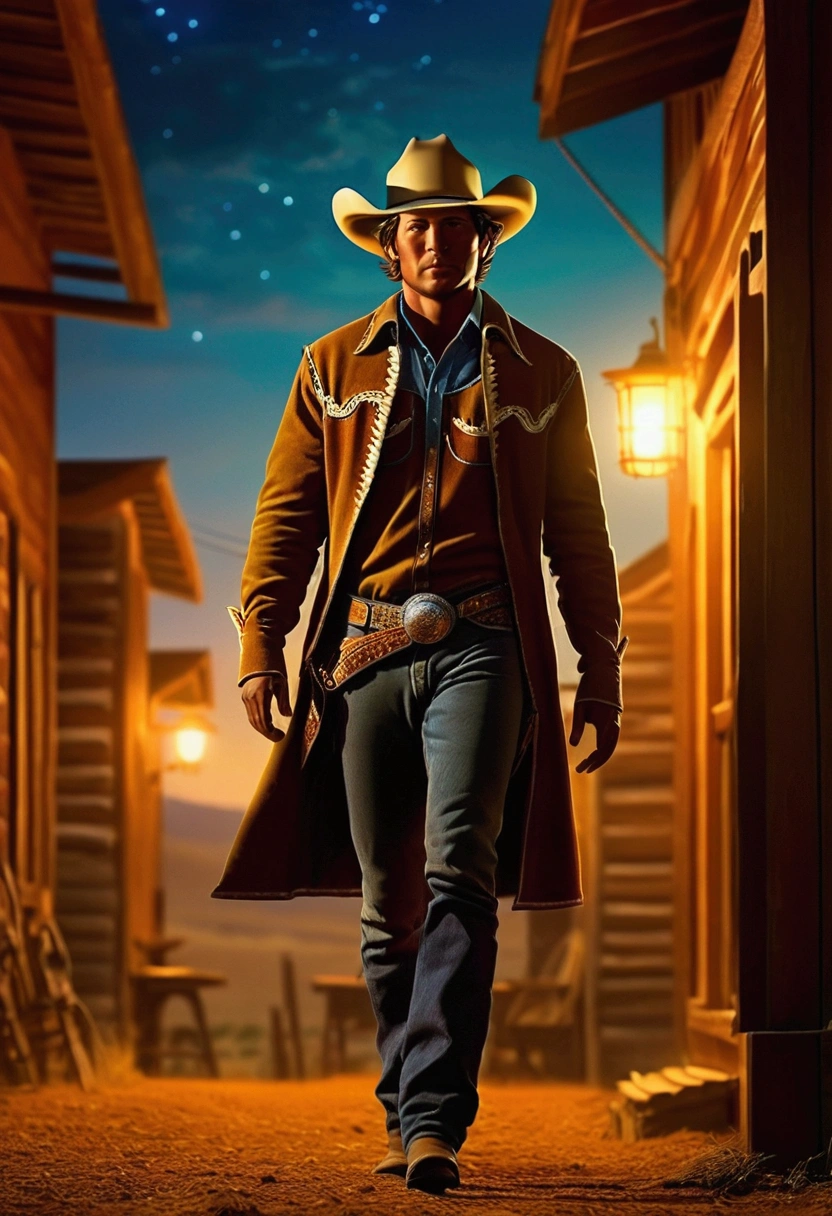 Western Cowboy, full body, by randolph caldecott and Krenz Cushart, cinematic still, (best quality, masterpiece), very aesthetic, perfect composition, intricate details, ultra-detailed, vivid colors