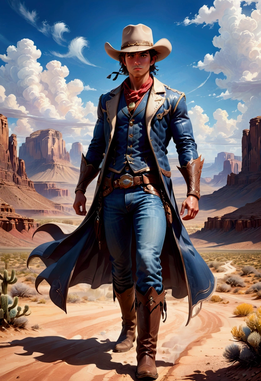 1boy, Western Cowboy, a cowboy in the wild west, cowboy hat, cowboy boots, lasso, western town, desert landscape, mountains in the background, blue sky with clouds, warm sunlight, detailed facial features, muscular physique, action pose, (4k,8k,highres:1.2), ultra-detailed, concept art, cinematic lighting, dramatic colors, muted tones, masterpiece, best quality, very aesthetic, absurdres