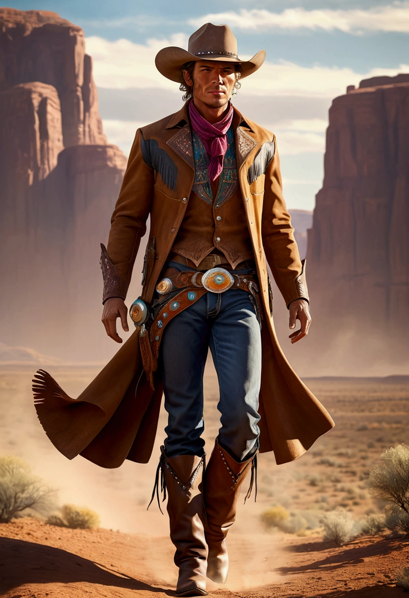 Western Cowboy, full body, by idyllic, cinematic still, (best quality, masterpiece), very aesthetic, perfect composition, intricate details, ultra-detailed, vivid colors