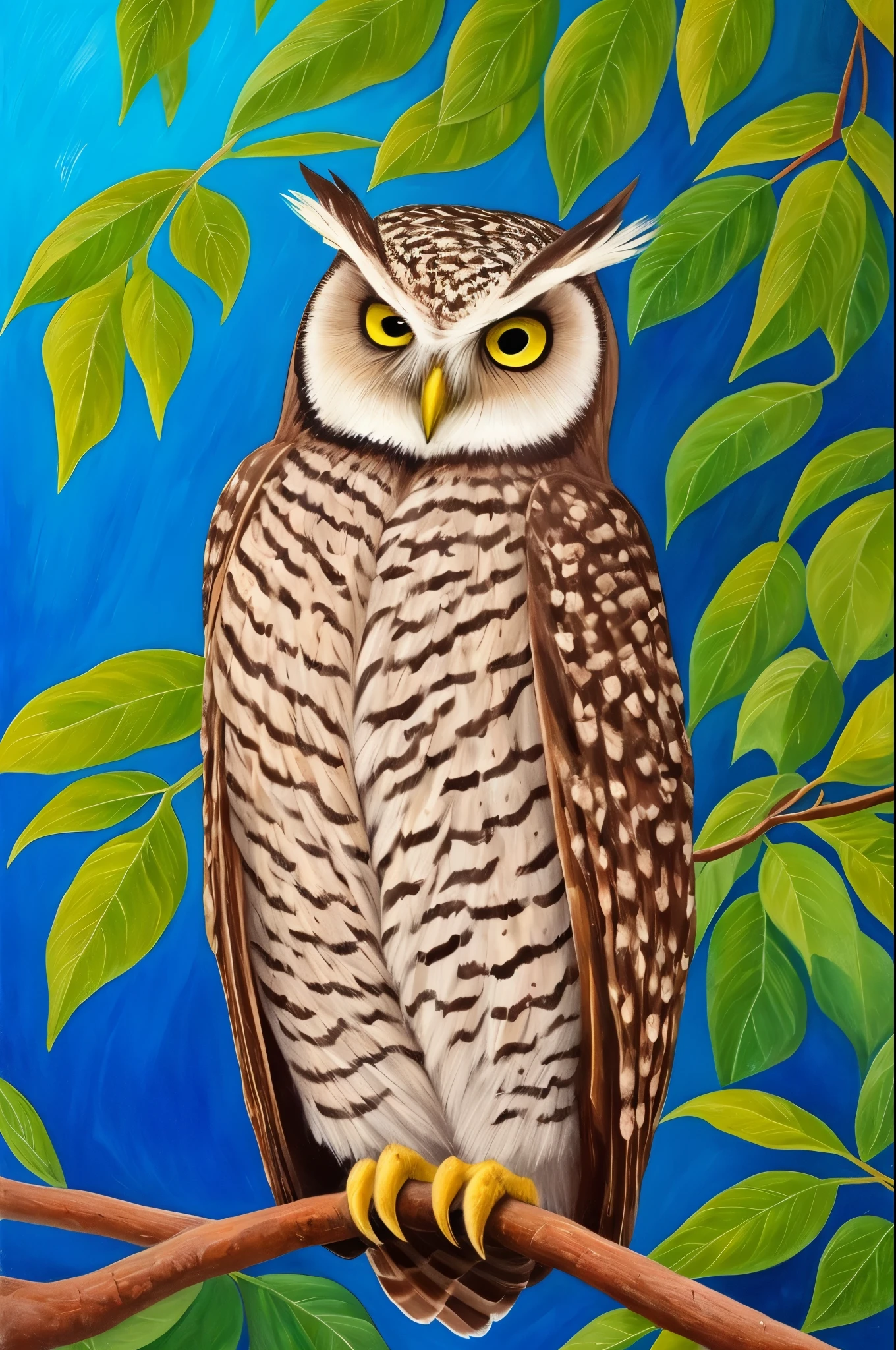 painting of an owl sitting on a branch with a dark background, by Shao Mi, beautiful painting of a tall, beautiful art, painted in oil colours, by Elina Karimova, oil painted, by Bencho Obreshkov, gorgeous art, by Radi Nedelchev, by Zeen Chin, by Auseklis Ozols