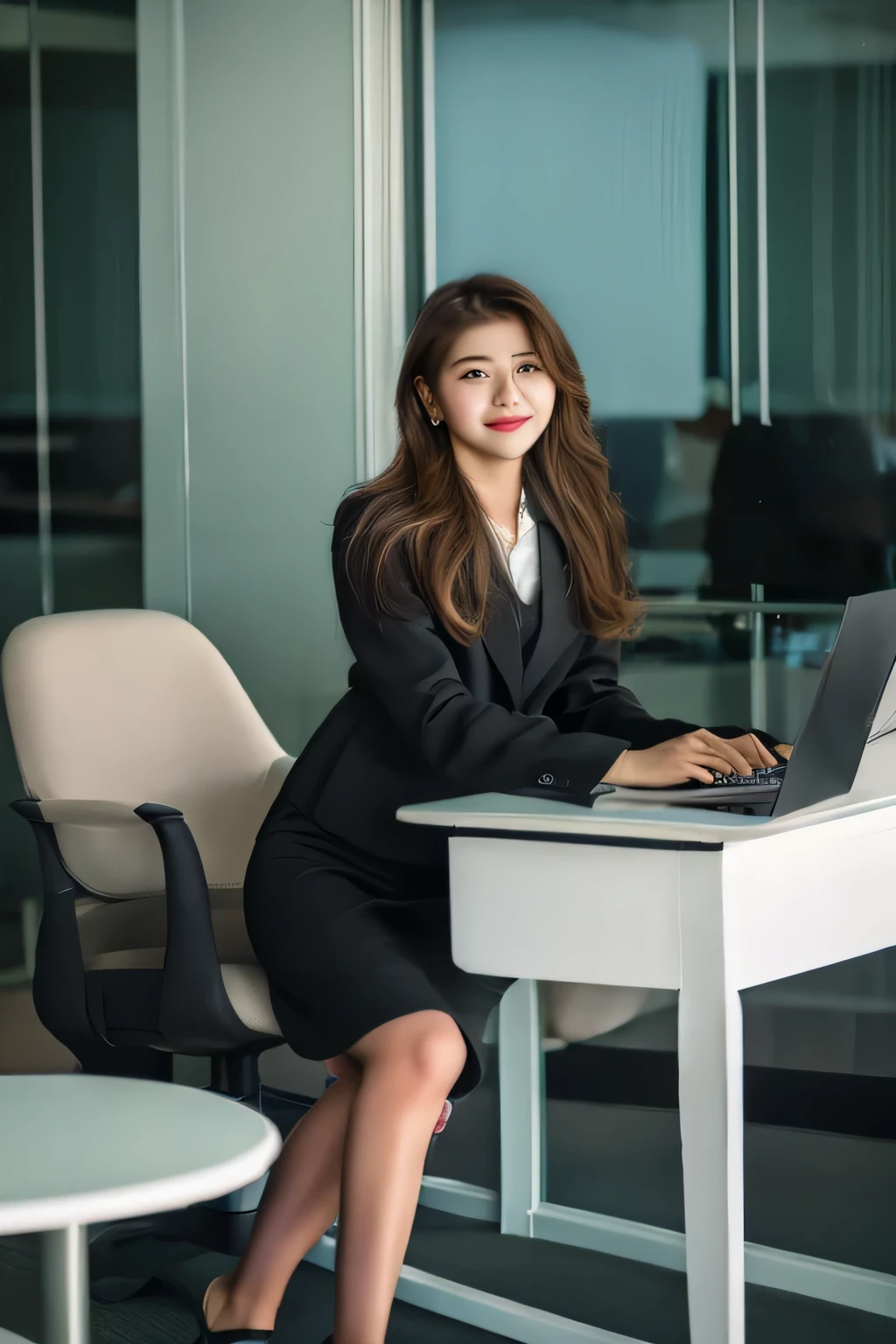 full body a bussiness girl in office with laptop and desk