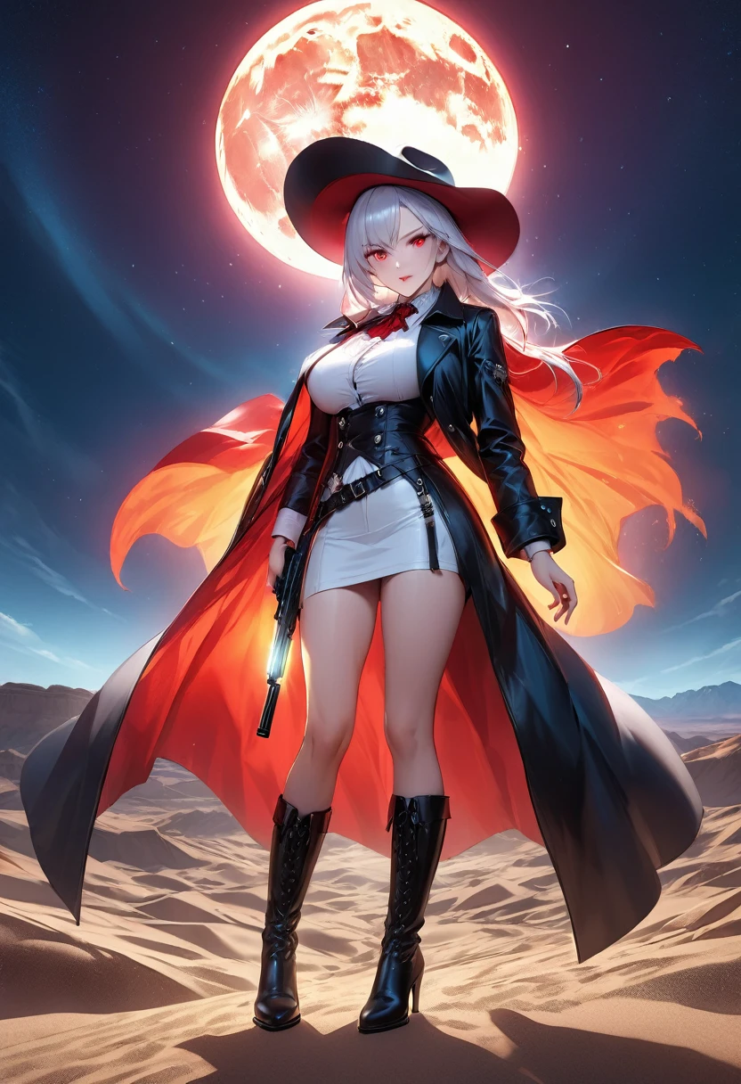 (black and white 19th century photograph style: 1.5) picture of a female vampire cowboy in the desert night, a goth beauty, exquisite beautiful female vampire, ((anatomically correct: 1.5), (ultra detailed face: 1.2), best detailed face, red glowing eyes, full body, busty, wearing white bottom shirt, short skirt, dynamic color. wearing (cowboy hat: 1.2), wearing high heeled boots, wearing open black trench coat, flowing trench coat,  she has a pistol in a holster, it is night time in the desert, moon light. moon rays, west America desert canyon background, Hyperrealism style, vibrant, Ultra-high resolution, High Contrast, (masterpiece:1.5), highest quality, Best aesthetics), best details, best quality, highres, ultra wide angle, 16k, [ultra detailed], masterpiece, best quality, (extremely detailed) RAW, chumbasket art style, rpg portrait photograph,