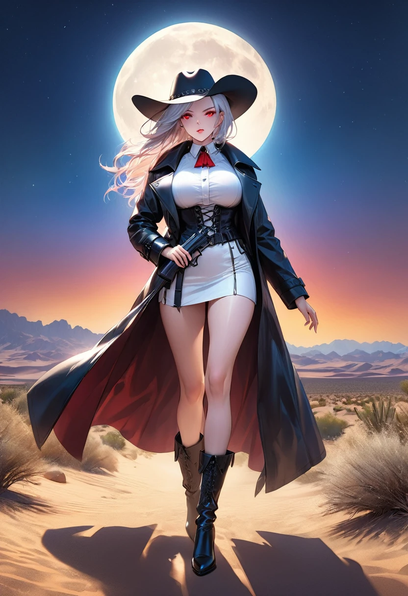 (black and white 19th century photograph style: 1.5) picture of a female vampire cowboy in the desert night, a goth beauty, exquisite beautiful female vampire, ((anatomically correct: 1.5), (ultra detailed face: 1.2), best detailed face, red glowing eyes, full body, busty, wearing white bottom shirt, short skirt, dynamic color. wearing (cowboy hat: 1.2), wearing high heeled boots, wearing open black trench coat, flowing trench coat,  she has a pistol in a holster, it is night time in the desert, moon light. moon rays, west America desert canyon background, Hyperrealism style, vibrant, Ultra-high resolution, High Contrast, (masterpiece:1.5), highest quality, Best aesthetics), best details, best quality, highres, ultra wide angle, 16k, [ultra detailed], masterpiece, best quality, (extremely detailed) RAW, chumbasket art style, rpg portrait photograph,