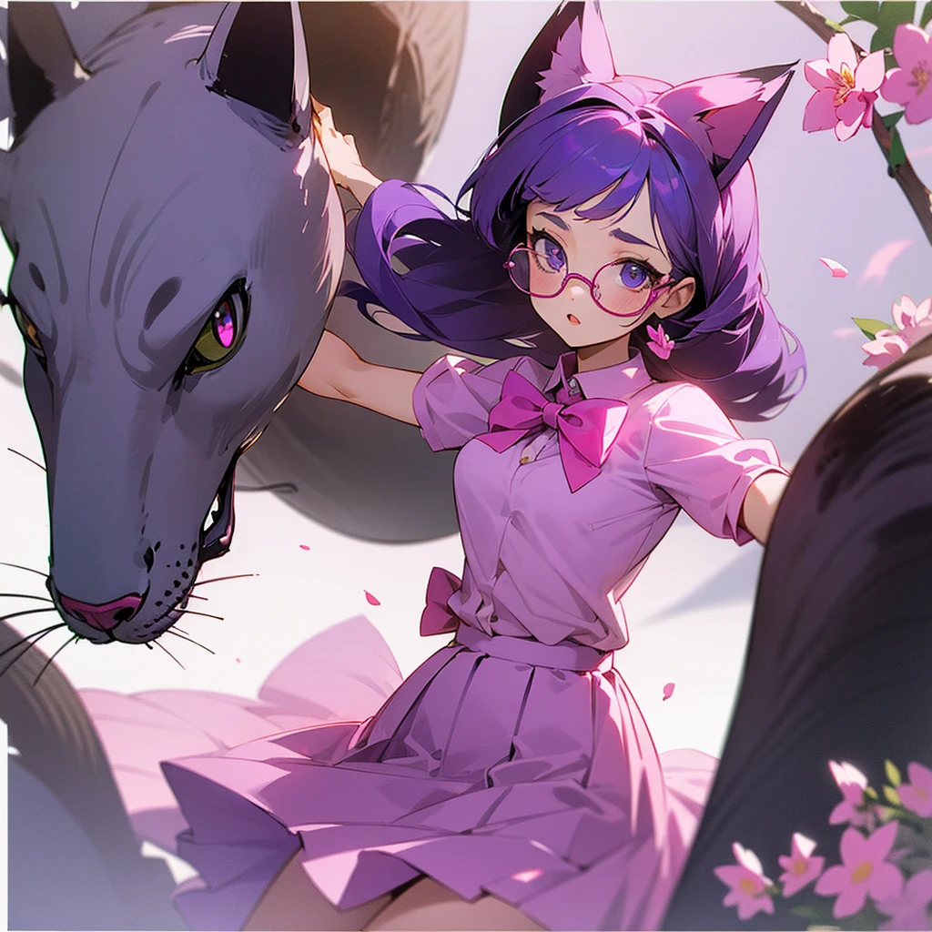 Girl,cat,purple hair,pink bow,glasses,liza address shirt,pink skirt with flowers.