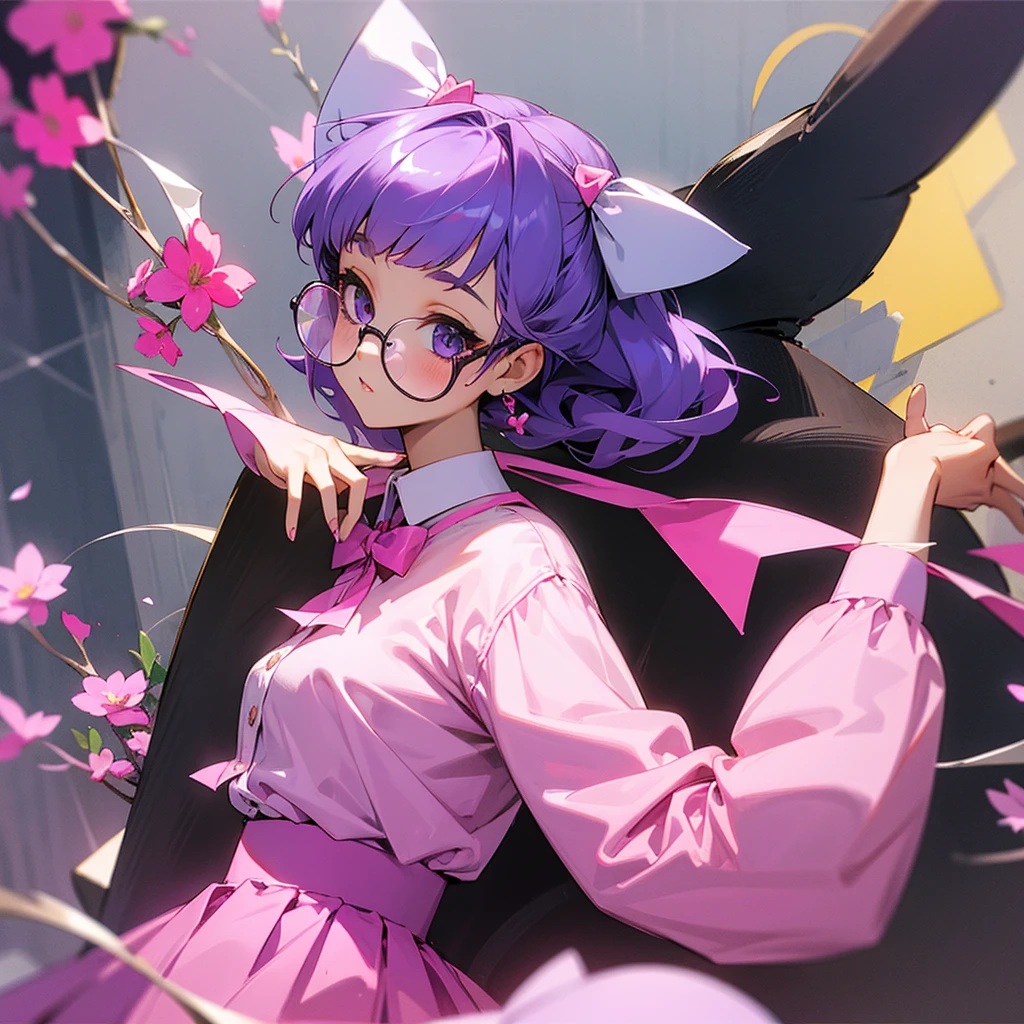 Girl,cat,purple hair,pink bow,glasses,liza address shirt,pink skirt with flowers.