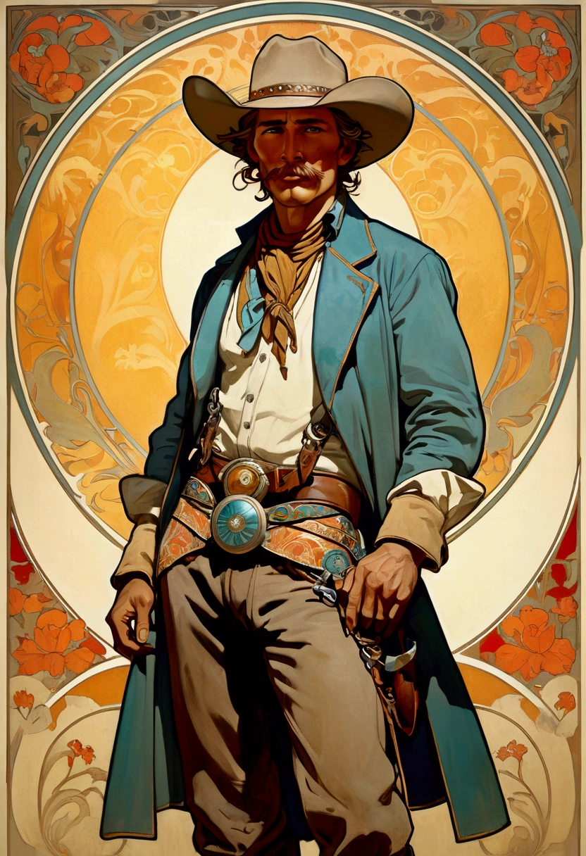 Western Cowboy, full body, by Alphonse Mucha, cinematic still, (best quality, masterpiece), very aesthetic, perfect composition, intricate details, ultra-detailed, vivid colors