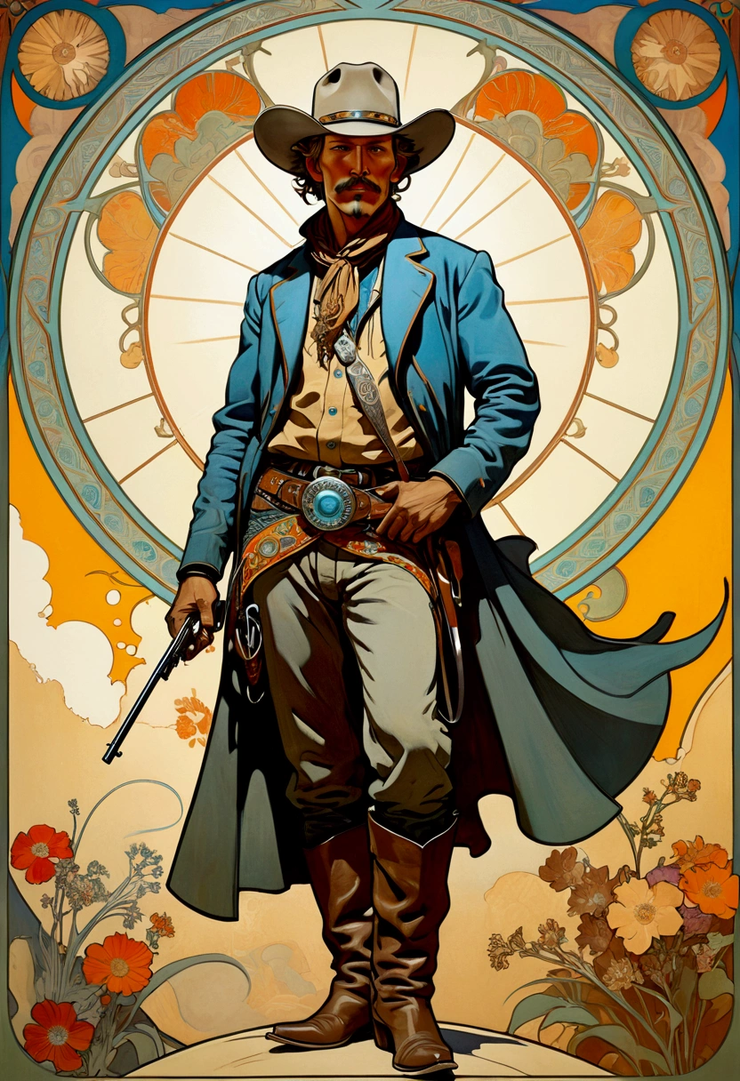 Western Cowboy, full body, by Alphonse Mucha, cinematic still, (best quality, masterpiece), very aesthetic, perfect composition, intricate details, ultra-detailed, vivid colors