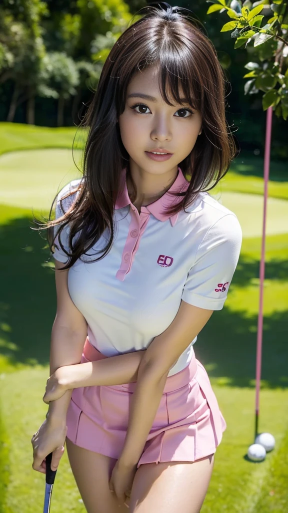 masterpiece, Highest quality，16K, Ultra-high resolution，The light and shadow of reality，Cinema Lenses,(((Black Mini Skirt))),(((Pink polo shirt))),(((Wearing golf wear))),((swinging a golf club on the golf course))((Her whole body is sexy and her style is outstanding.)),((Very skinny)),((Very firm and shapely beautiful large breasts)),((Her waist is so slim and beautiful)),((Very slim and long beautiful thighs)),((Very slim and long beautiful calves)),((High nose、Small Mouth)),((Clean and slim face line)),((Big dark eyes with long eyelashes)),((Very small face))((Very slim and beautiful arms)),((She is very slim and has a great figure)),((Pure white beautiful skin)),((Cute Japanese Girls)),(Beautiful Eyes:1.1)，,Reflecting clear eyes and a gentle smile,