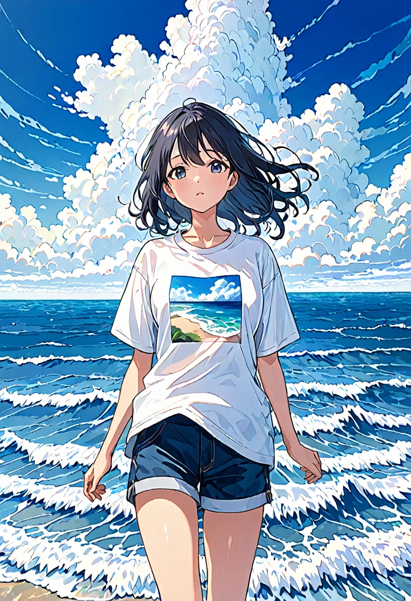 広い大Ocean原, (Oceanの真ん中に立つ白いTシャツを着た白髭の少女:1.2), Pull composition, whole body, Detailed face, Vision, Calm day, Detailed Clouds, Ocean, Calm waves,