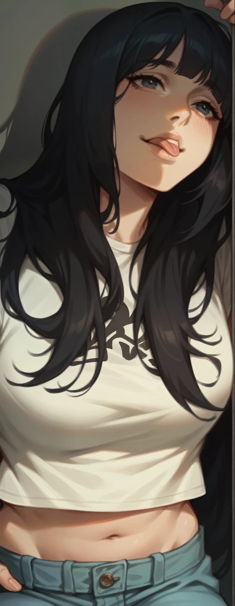Girl sticking out her tongue with confidence. One hand resting on the waist, with straight bangs and long hair, short white t-shirt and wide light blue pants