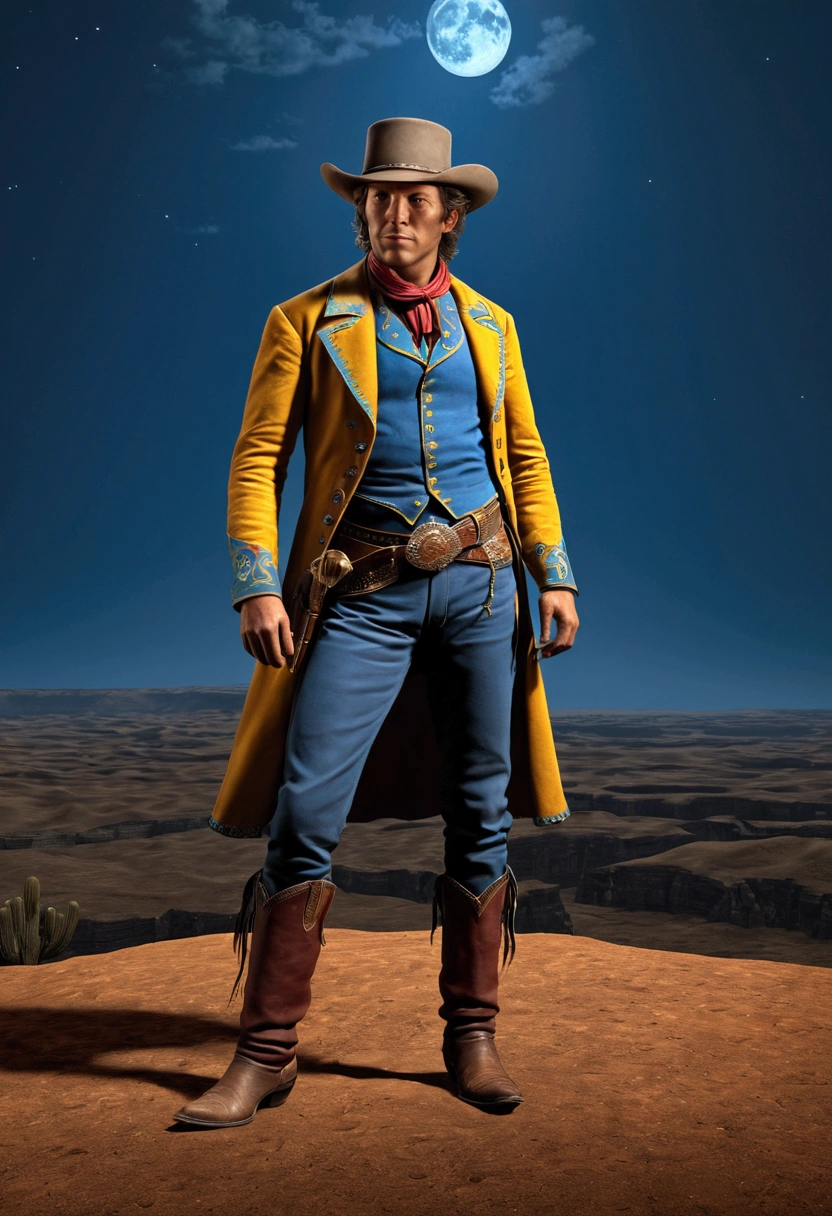 Western Cowboy, full body, by randolph caldecott and Krenz Cushart, cinematic still, (best quality, masterpiece), very aesthetic, perfect composition, intricate details, ultra-detailed, vivid colors