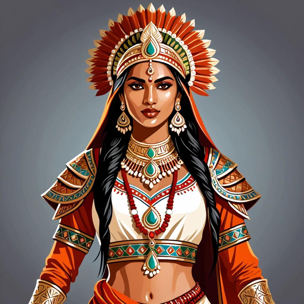 female	warlord	in indian folk outfit	,vector graphics, strong contours, logo design																						
