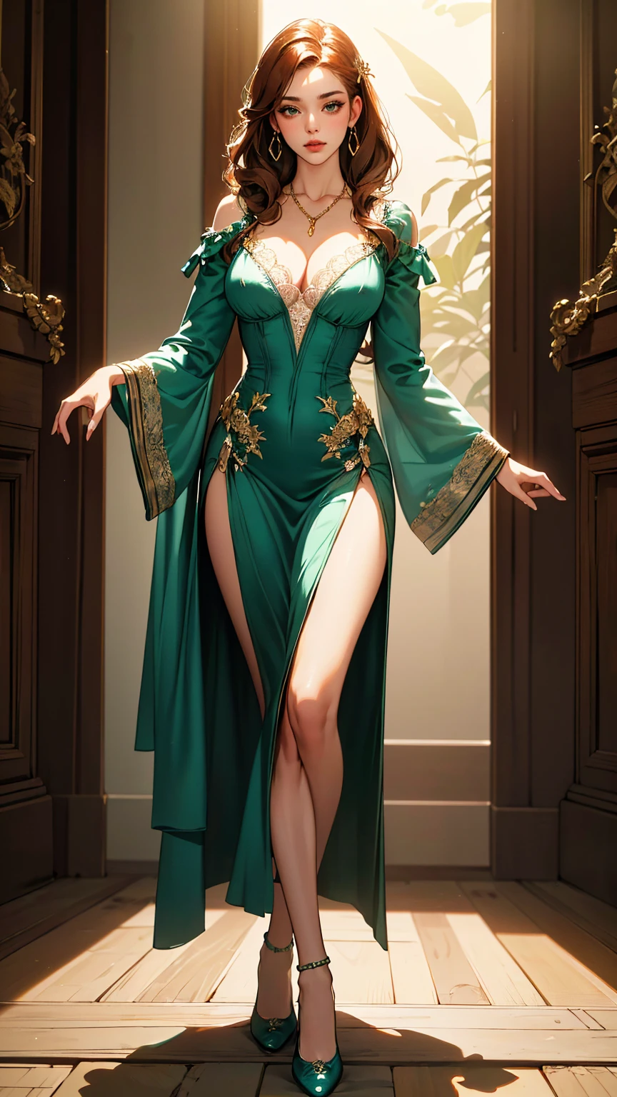 ((ultra-detailed, photorealistic, best quality, highres, masterpiece:1.3)), a beautiful female courtesan in the medieval period, exuding grace and allure, She has long, flowing auburn hair adorned with delicate braids and bejeweled hairpins, Her captivating green eyes and flawless complexion add to her charm, She's dressed in a revealing gown made of rich velvet and brocade, featuring intricate embroidery and lace trim, with a plunging neckline and fitted bodice that accentuates her elegant figure, The gown has long, flowing sleeves and a high slit in the floor-length skirt, Around her neck, she wears a delicate gold necklace with a pendant, and her wrists are adorned with ornate bracelets, She carries a silk fan and wears soft leather shoes, Her demeanor is poised and confident, with a hint of mystery and allure, ((medieval era stone castle background)), (dim light ambient), ((intricate detail, super finely detailed hands, ultra finely detailed fingers, full body showcase, show full body)),