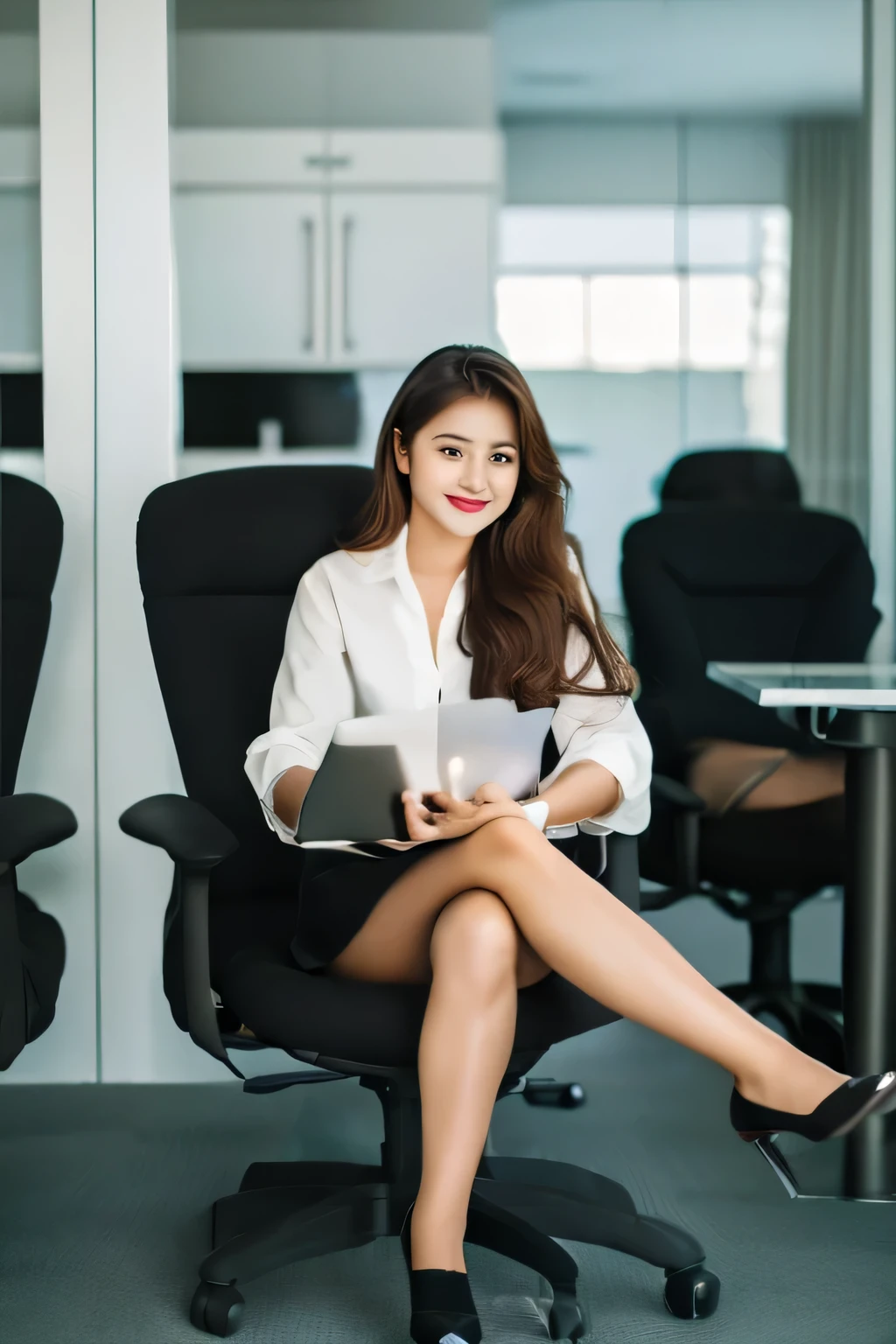 full body a bussiness girl in office with laptop and desk