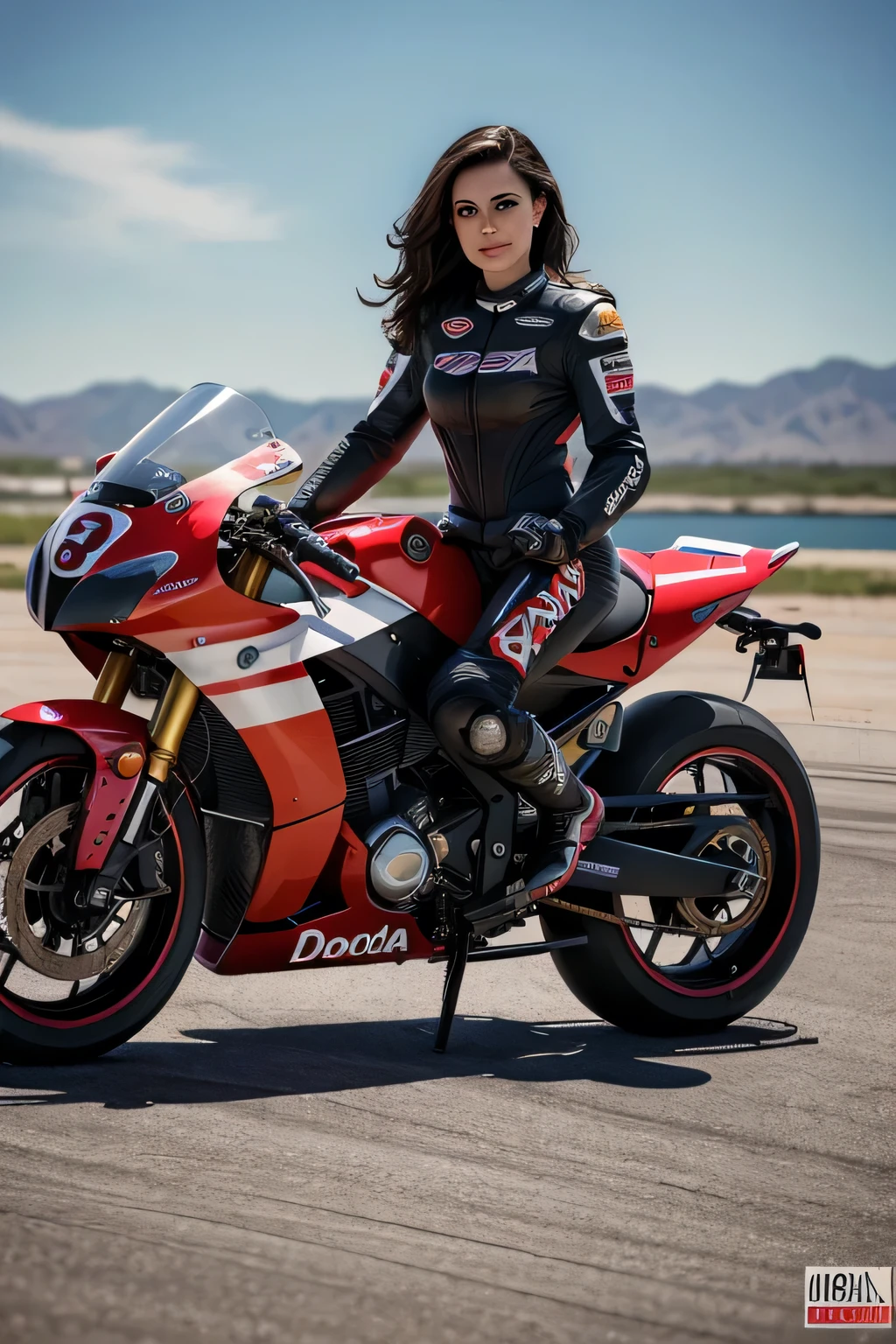 beautiful brunette, 31 year old, American woman, motorcycle racing outfit, Daredevils, realistic, 8k, koda photo, photo realistic, slim body, fit,