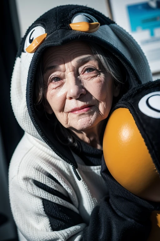 Elderly woman in the villain penguin costume