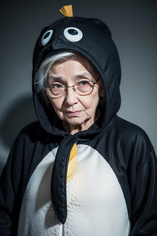 Elderly woman in the villain penguin costume