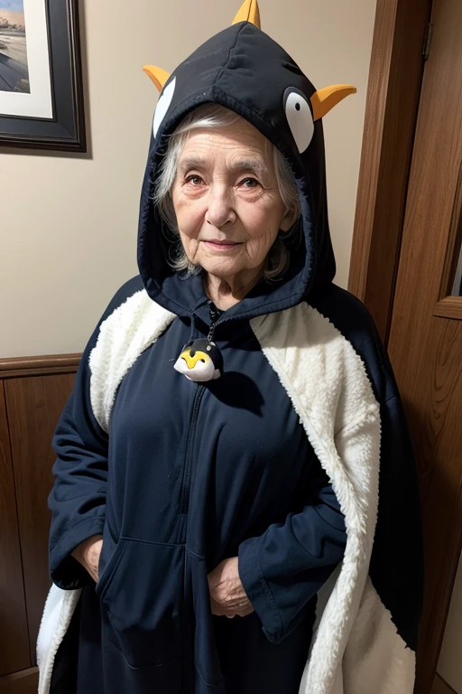 Elderly woman in the villain penguin costume