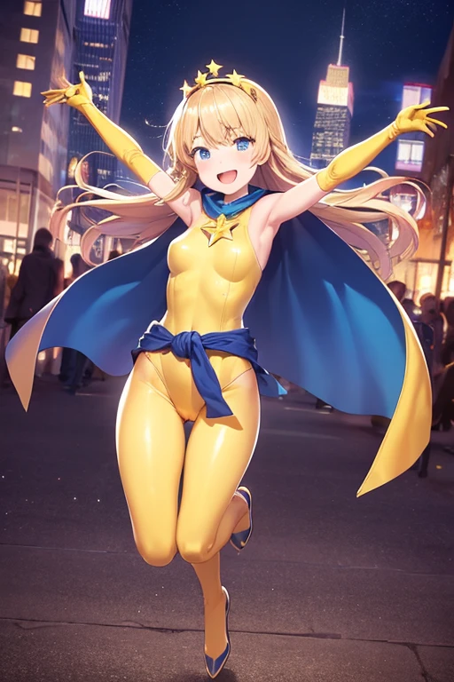 ((best quality)), ((masterpiece)), (detailed), 1 girl, Full body, 19 years old, Smiling face, Blue eyes, Star-shaped tiara, Arms outstretched, Arms behind waist, Blue superhero mask, Blushing, Blonde hair, Straight hair, Long hair, Bangs, 2 star clips in hair, Full body, Medium breasts, Slim body, Hands with yellow stars, Yellow wristbands, Long yellow gloves, Purple gloves, Purple gloves, Superhero costume, Superheroes, Yellow leotard suit, With a big yellow star in the center, Star emblem, Somewhat tight, Long yellow cape on waist, Red belt, Purple legs, Purple pantyhose, Flying, City background, Anime