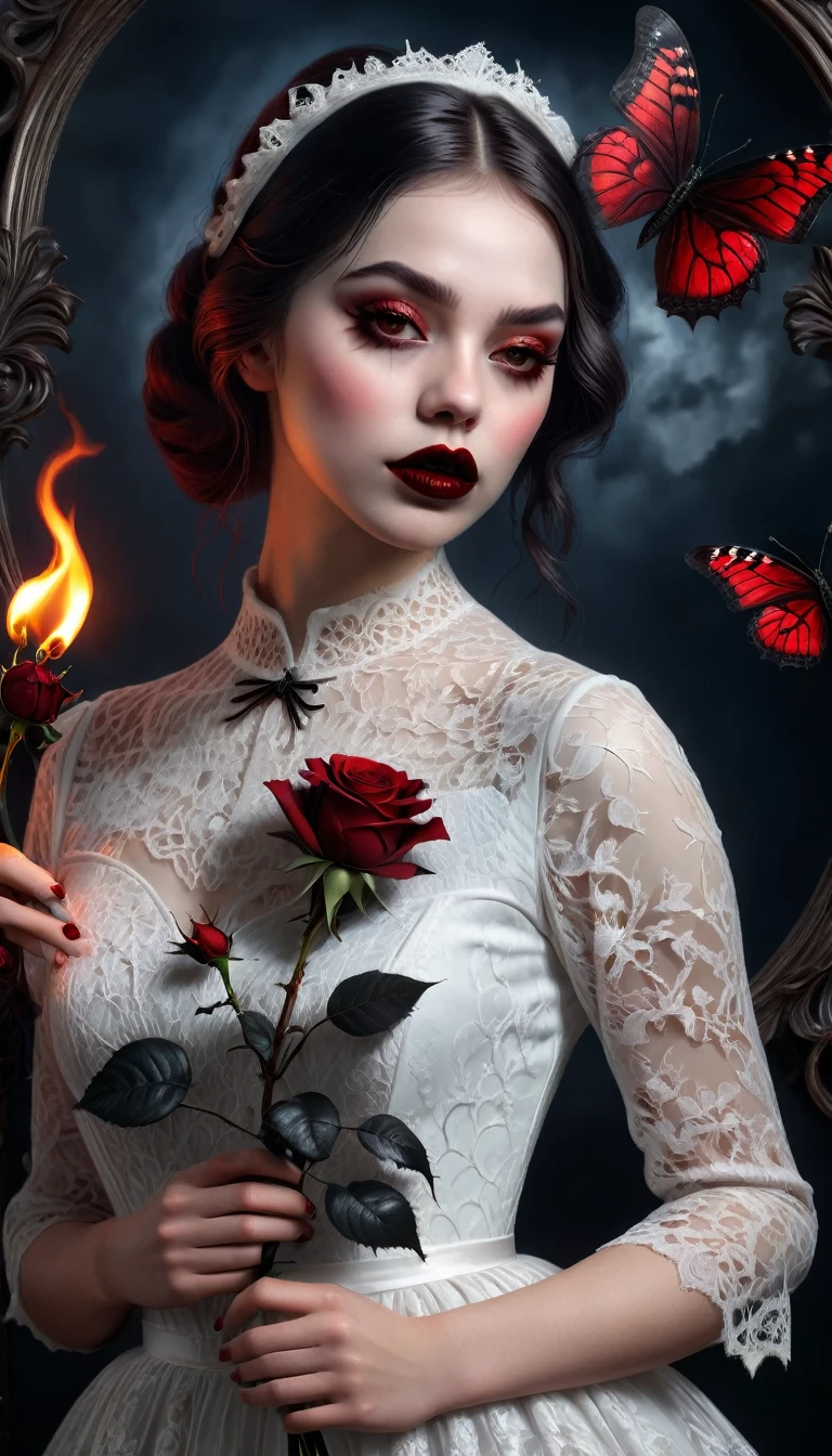 (best quality,4 k,8 k,higher ,masterpiece:1.2),ultra-detailed,(realistic,photorealistic,photo-realistic:1.37),gothic art,girl ,lace dress,thorny rose,creepy,terrifying, dark Red lips , burning butterfly,holding a Rose , Dark red rose .