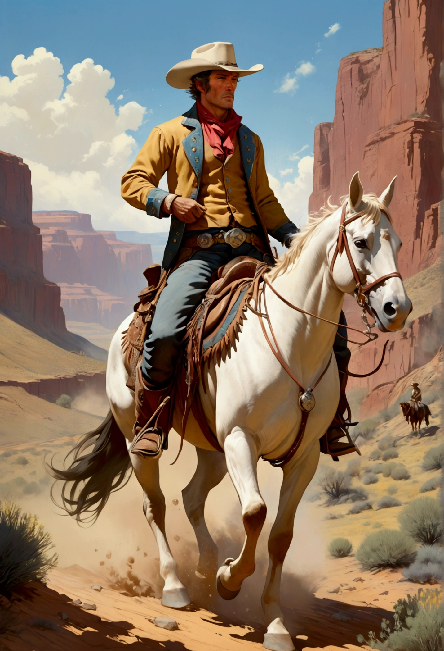 Western Cowboy, full body, by randolph caldecott and Krenz Cushart, cinematic still, (best quality, masterpiece), very aesthetic, perfect composition, intricate details, ultra-detailed, vivid colors