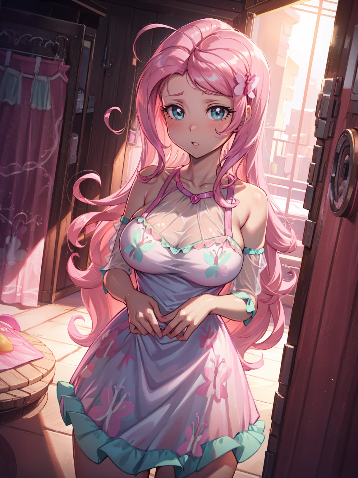 blush, glowing aura, natural light, masterpiece,  glossy skin, juicy lips , ,sexy, hot, ,  juicy lips, bimbo, hour glass, wide eyes,  massive , dark lighting, long hair,  bimbo, cute, big breasts, (pastel pink hair), (((fluttershy))), my little pony ,  butterflies, ((see-through dress)), shy, nipples, (pussy),