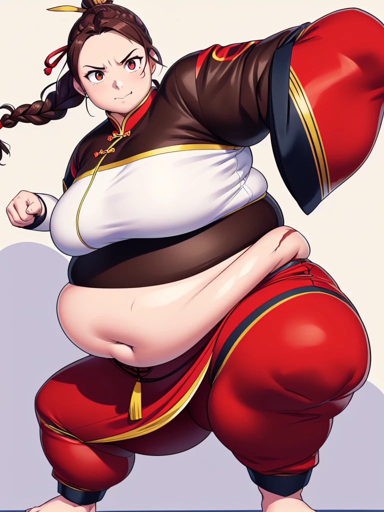 lei kugo live a live, qipao, chinese clothes, traditional clothes, action pose, full body plus, brown hair, braided hair, scars on face, martial arts, action pose,lei kugo, live a live, (1 fat girl), medium breasts, ((red chinese clothes)), wanderer, traditional clothes, fighter clothes, gauntlets, elbow gloves, fingerless gloves, stockings, full body plus,(( brown hair)), ponytail, braided hair, (((scars on face)) , hourglass figure, fat female, clean face, human head, human proportion, good proportion, normal body shape, action pose, martial arts, kung fu, background, mountain, imperial chinese,