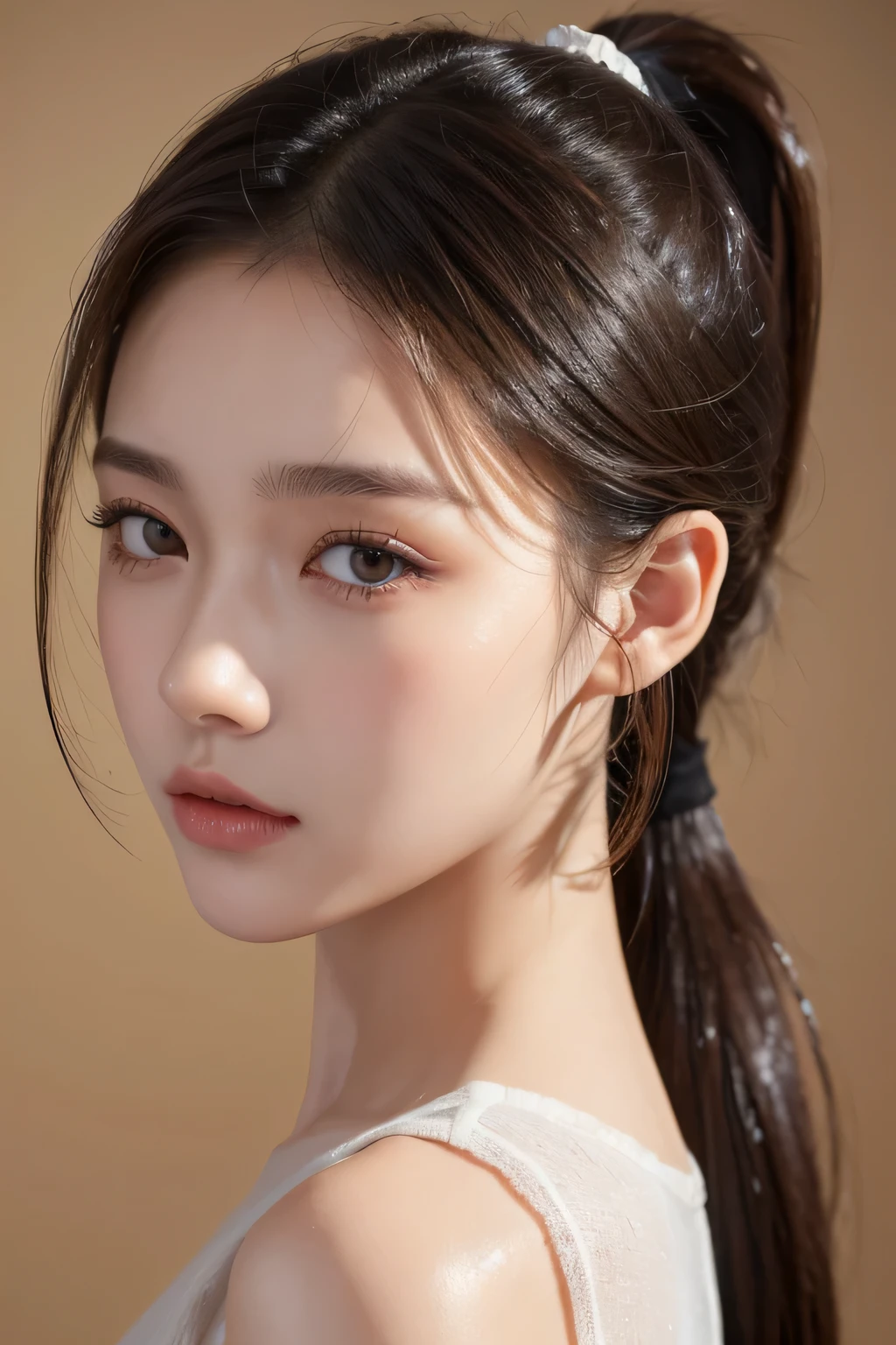 (best quality, 8k, masterpiece :1.3)), 1 girl (Dark brown hair, ponytail), wet:1.2, Super detailed faces, delicate eyes, double eyelids