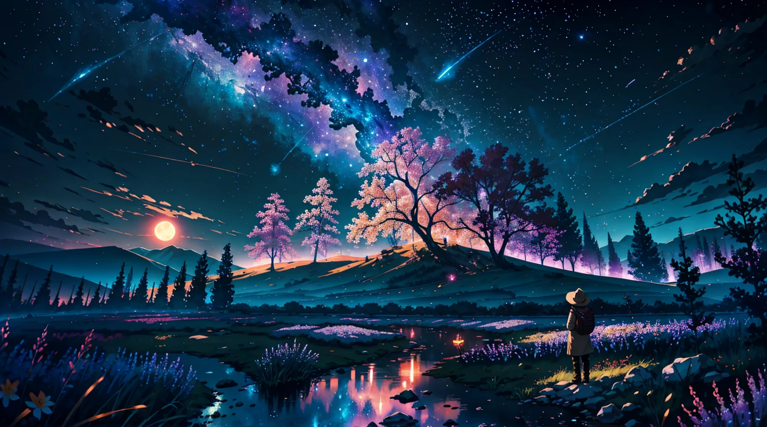 Wide Landscape Photography, (view from below overlooking the sky and wild nature below), standing in a field of flowers looking up, (fullmoon: 1.2), (Shooting Star: 0.9), (nebula: 1.3), distant mountains of snowy brown color, tree BREAK production art, (Warm Light Source: 1.2), (firefly: 1.2), Light bulb, purple and orange, intricate-detail, BREAK Volumetric Lighting (work of art: 1.2), (highest quallity ), 4K, ultra detali, (dynamic configuration: 1.4), highly detailed and colorful details (iridescente: 1.2), (bright lighting, atmospheric lighting), dreamers, magical, (standing alone: 1.2)