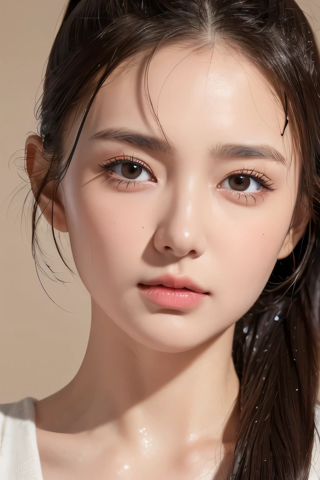 (best quality, 8k, masterpiece :1.3)), 1 girl (Dark brown hair, ponytail), wet:1.2, Super detailed faces, delicate eyes, double eyelids