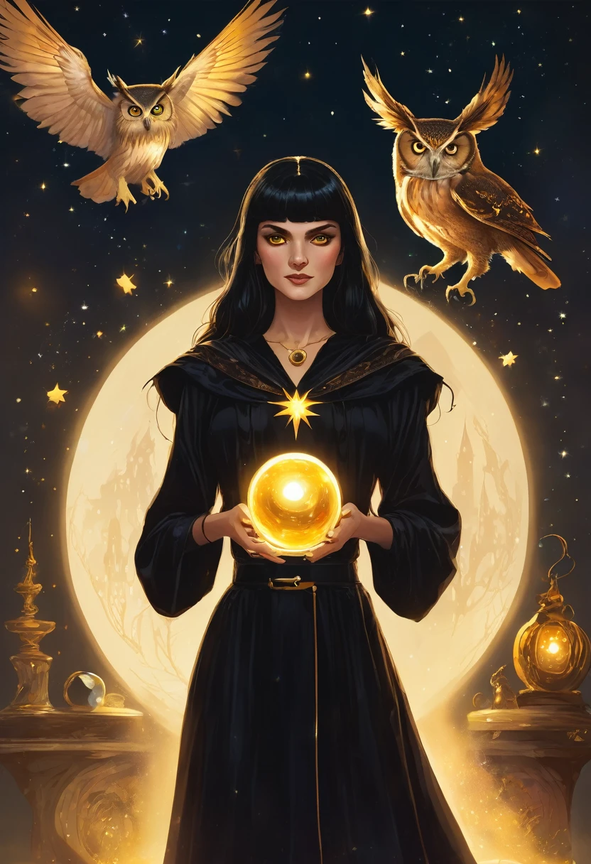 a powerful magician, using your hands to do magic. A young woman, dressed in black, like a witch. With a white owl on her right shoulder and a shiny star necklace.
