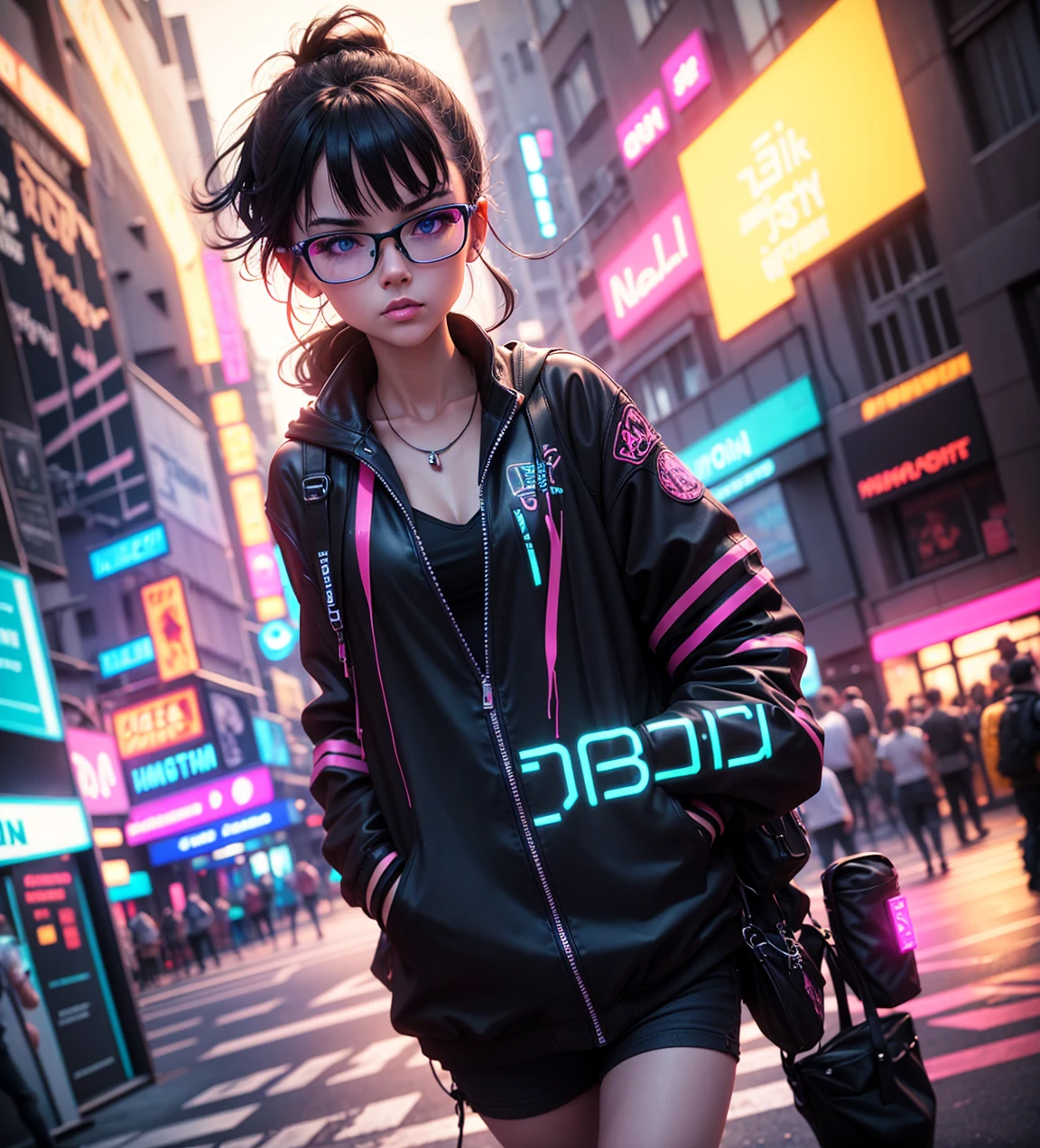 portrait, fluorescent, a girl harajuku, fashion, Tokyo cyberpunk, 8k, hdr--ar 3:2"
Translation: "A photo of a young woman wearing Harajuku fashion in a futuristic setting with neon lights, taken in high resolution (8K) with HDR and aspect ratio 3:2."