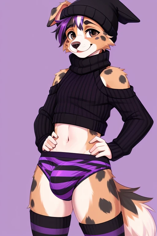 ((SFW)) ((18, cute, furry, Australian Shepherd dog boy femboy wearing purple thin, low panties with a large bulge, black beanie, purple and black striped croptop sweater with tops of shoulders exposed, and black and purple striped thigh-high socks, best quality)) ((right hand inside panties, left hand on hip)) ((exposed hips)) 