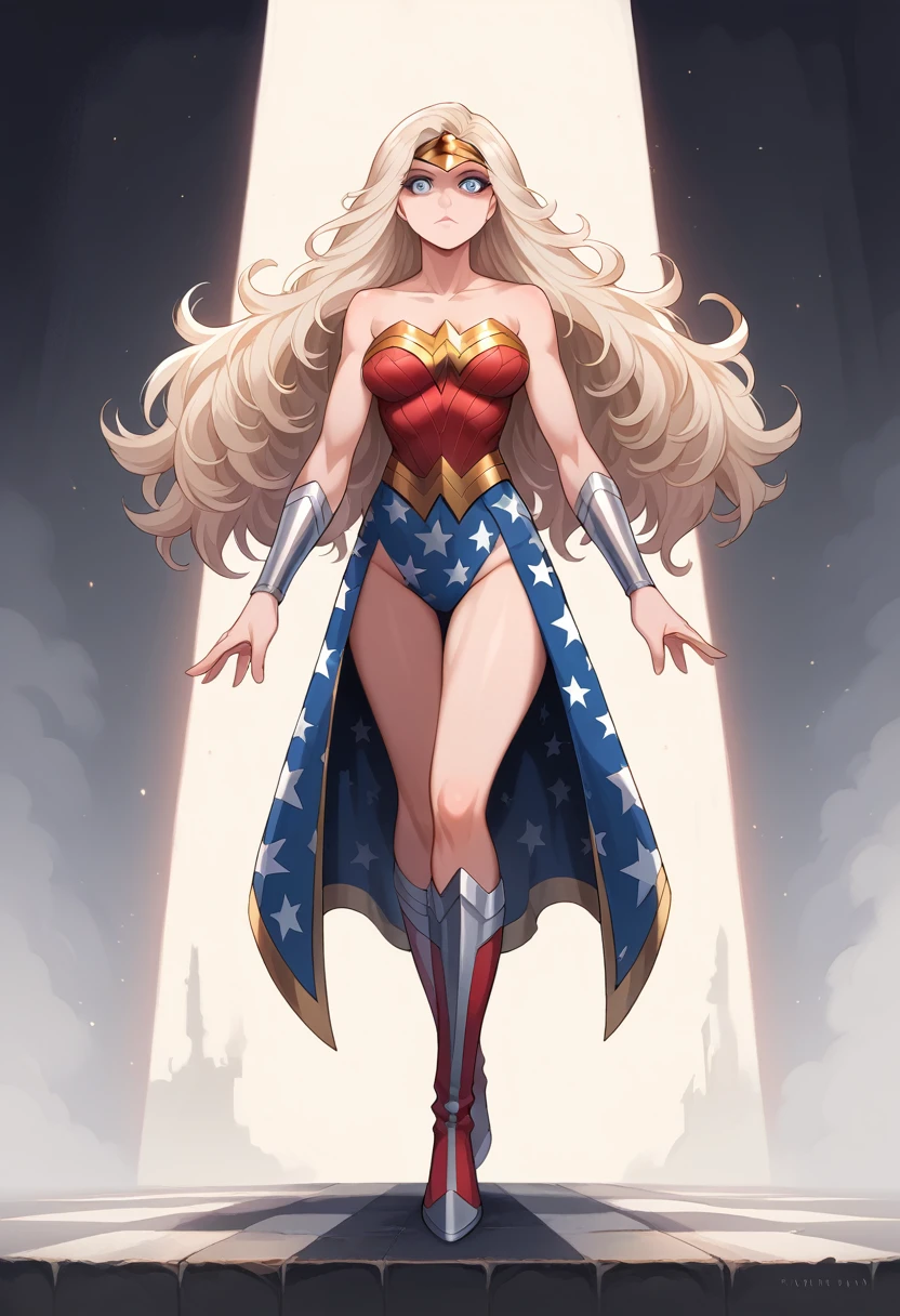 sexy joker + wonder woman, fantasy anime style, full length pose, pastel colors, perfect nose perfgh shine, high quality, light hair long highly detailed intricate hairstyle, sharp image, perfect clothes, sf, intricate artwork masterpiece, ominous, matte painting movie poster, golden ratio, trending on cgsociety, intricate, epic, trending on artstation, by artgerm, eyes, big eyes, zoomed out, realistic eyes, perfect beautiful face, bright stunning highly detailed eyes