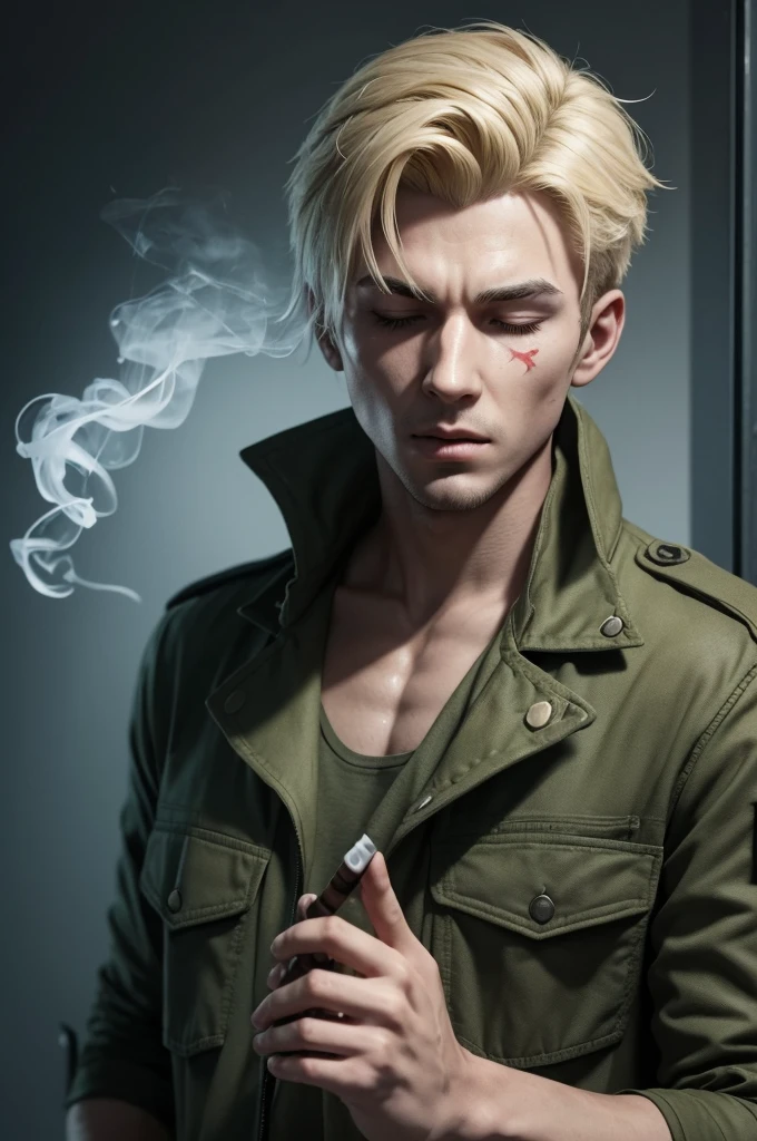 I want you to play the Call Of Duty character, Simon Ghost Riley, without mask. He is smoking with the cigarette between his fingers, in a green army uniform. He has his eyes closed, chilled out, while smoking a cigarette and smoke comes out of his mouth or from the cigarette. He is in the room. He has blond hair, no jogo do Call Of Duty. He has scars on his face. Do it in 3D, and not in anime drawing, if possible.
