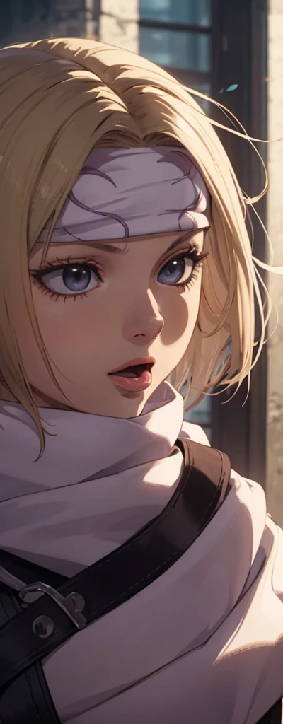 Empty eyes masterpiece), best quality, high resolution blonde 1girl bob cut medium hair standing alone cowl headband profile image looking at viewer beautiful eyes extremely detailed violet clothing empty eyes (tongue out)
