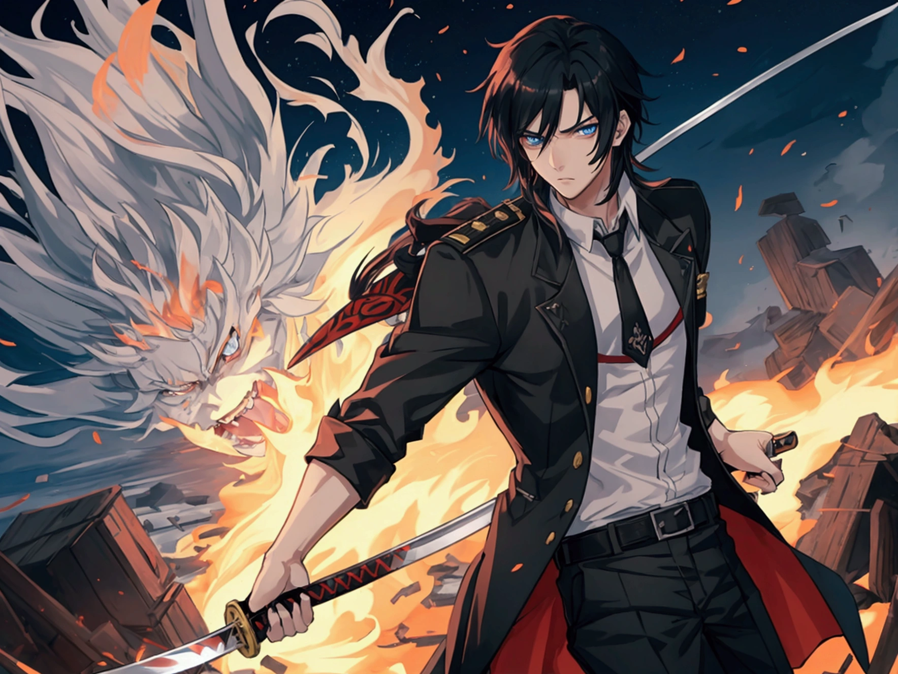 An anime bad boy in a secret organization outfit, walking with a katana on his back, his eyes are serene, he is coming out of a battle, beautiful eyes, black hair, blue eyes, good art, good drawing, 2d anime, scene apocaliptica on fire, well-drawn hands, 4K, 8K, hair blowing in the wind, sparks flying from the flames of fallen bodies,