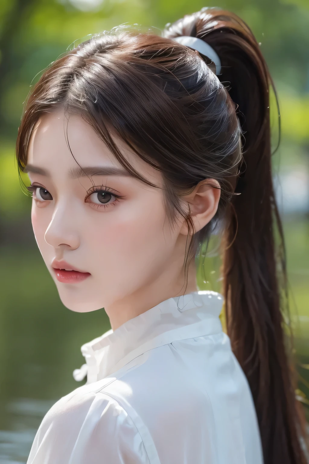 (best quality, 8k, masterpiece :1.3)), 1 girl (Dark brown hair, ponytail), wet:1.2, Super detailed faces, delicate eyes, double eyelids