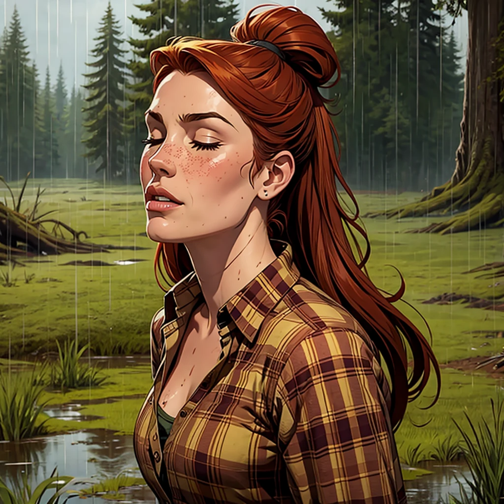 Comic style, solo girl, 1girl, Drowned in quicksand, swamp, bog, grass, tree, wearing unbuttoned flannel shirt, orgasming, looking up, eyes closed, from side, blush, muddy, messy, dirty, overcast weather, rain, red hair, Ponytail,